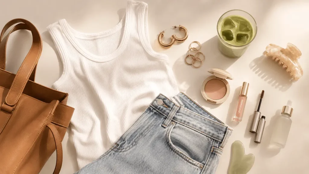 Clean girl aesthetic flat-lay with white tank, gold hoops, gua sha, and neutral basics