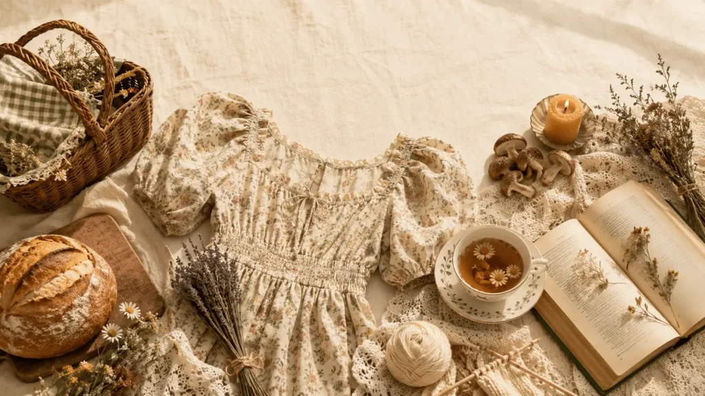 Cottagecore aesthetic flat-lay with floral dress, bread, dried flowers, and wool