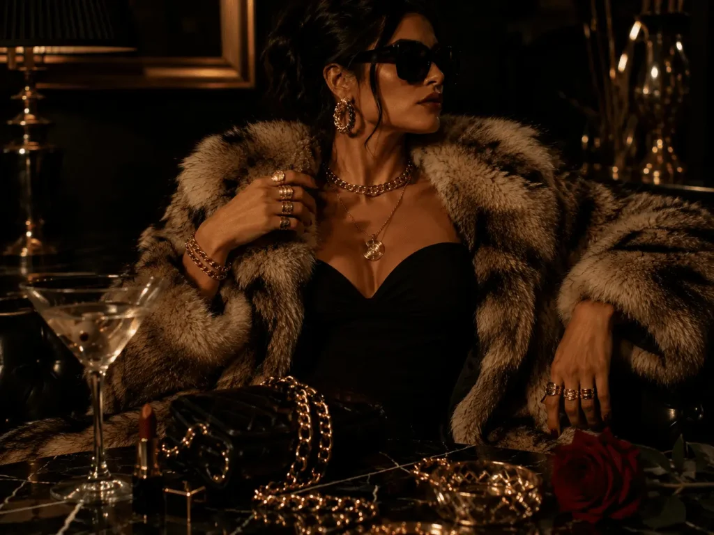 A fur coat, gold jewelry, and dark sunglasses, the signature mob wife aesthetic ook