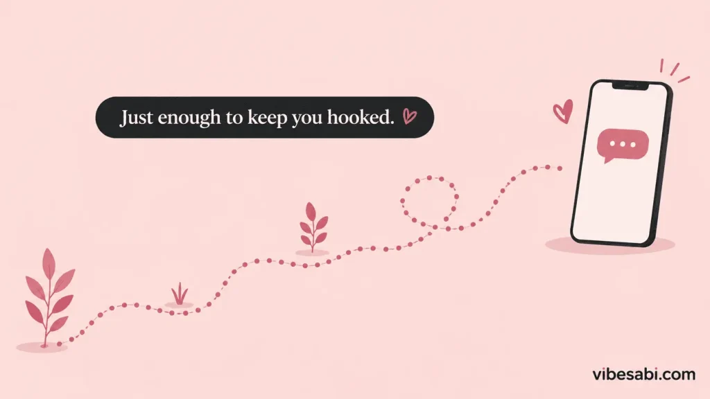 A trail of breadcrumbs leading to a single text bubble, illustrating breadcrumbing in dating