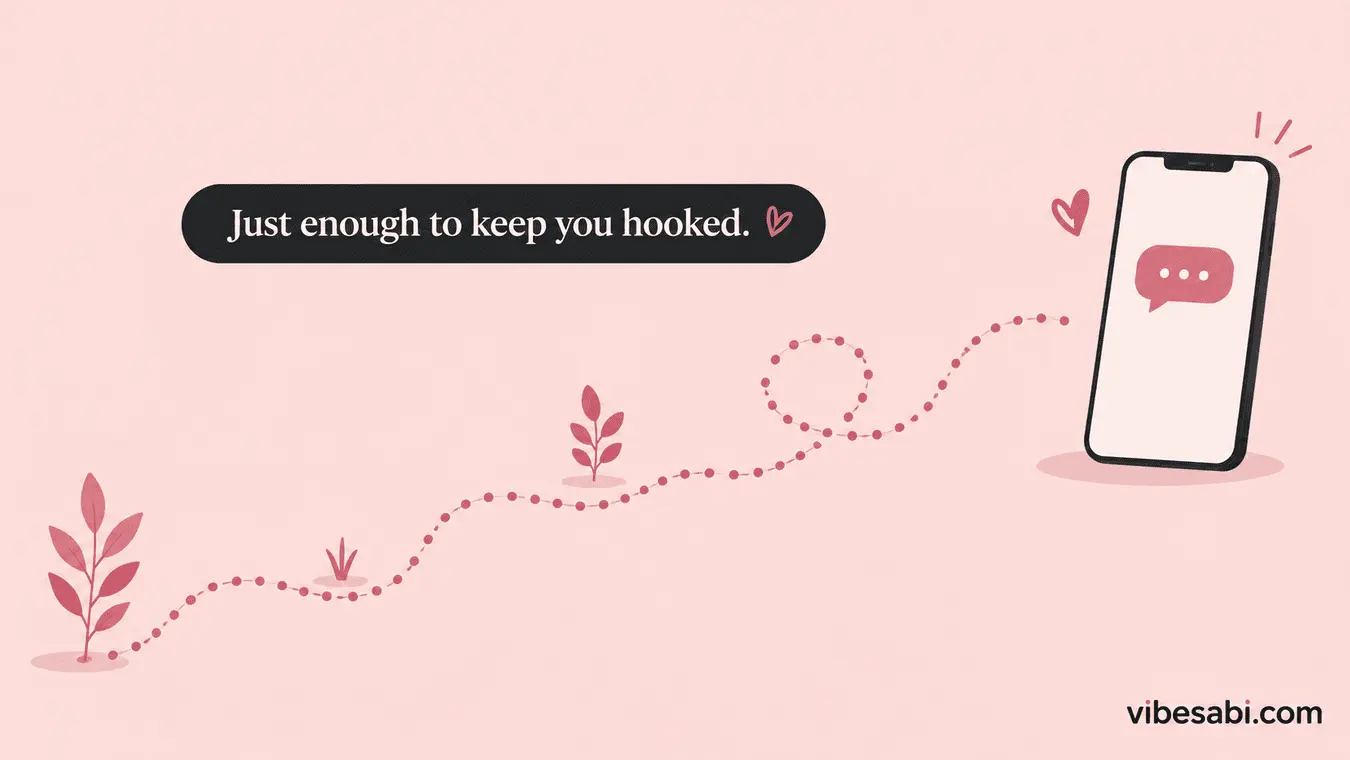 A trail of breadcrumbs leading to a single text bubble, illustrating breadcrumbing in dating