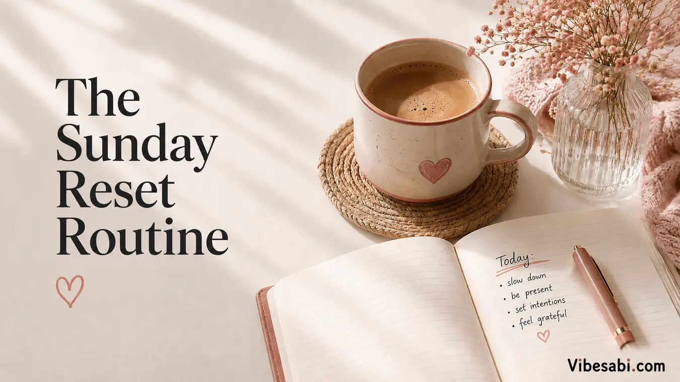 A calm Sunday reset scene with coffee and a notebook for planning the week