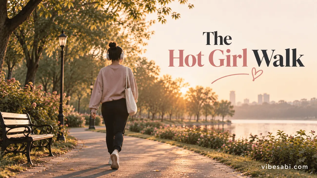 A person walking outdoors in morning light with headphones, on a hot girl walk