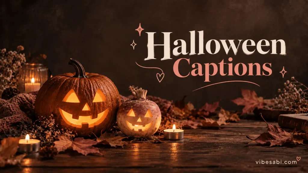A carved pumpkin and a traditional turnip lantern lit by candles for Halloween | halloween captions