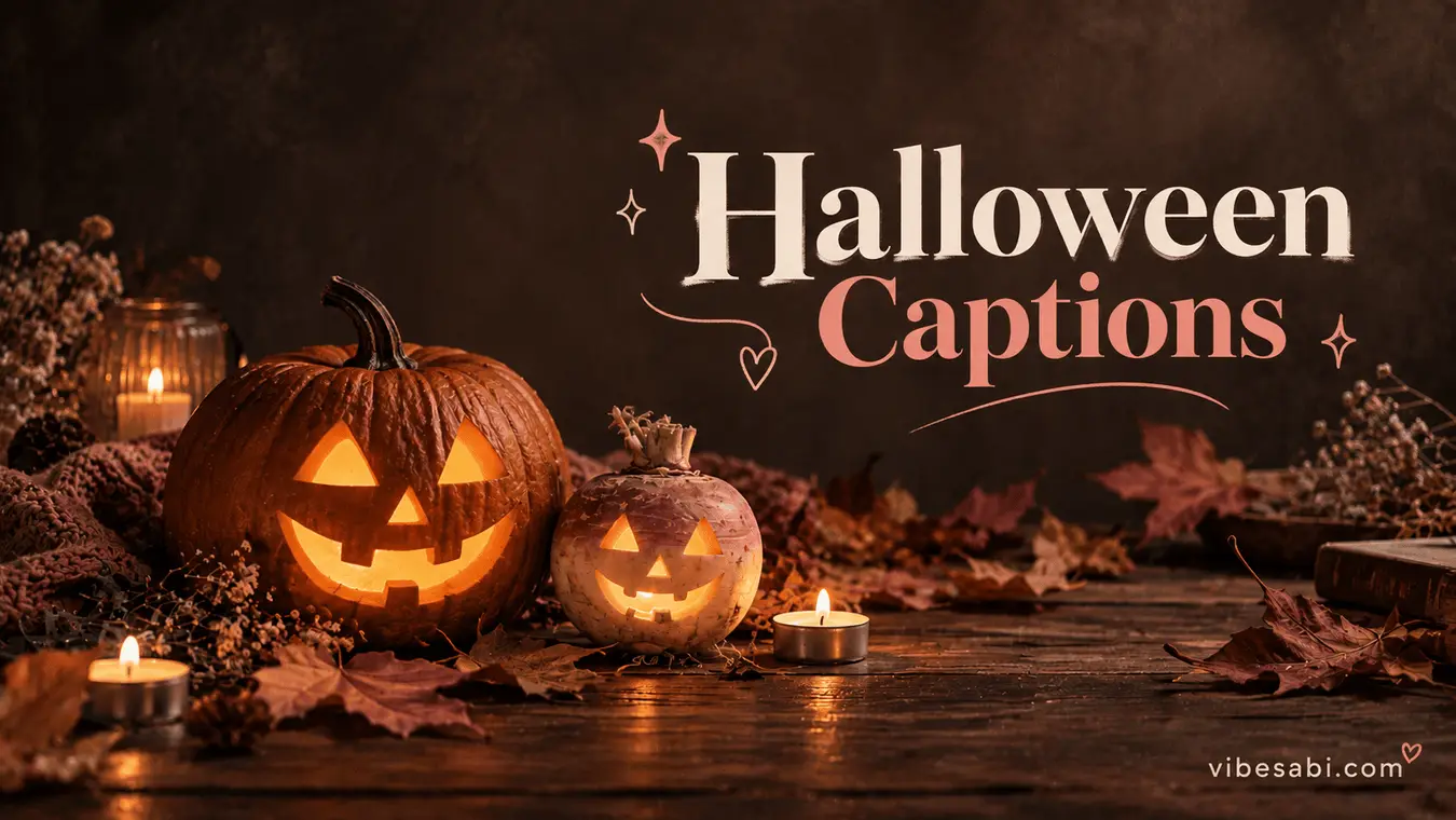 A carved pumpkin and a traditional turnip lantern lit by candles for Halloween | halloween captions